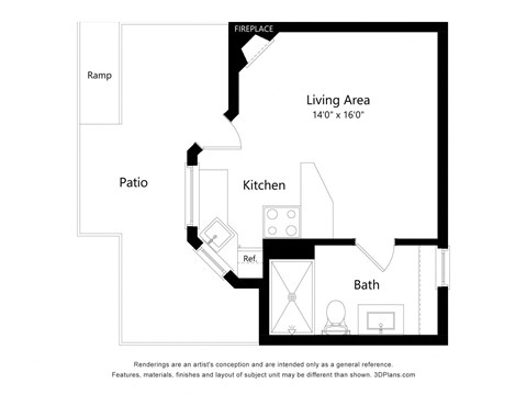 Floor plan for studio, 1 bath, 300 sqft